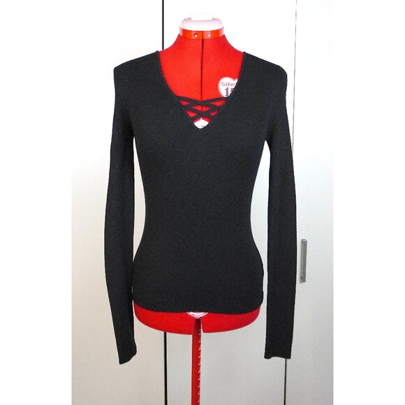 Express Cross-Front Fitted V-Neck Sweater in Black - Picture 1 of 8